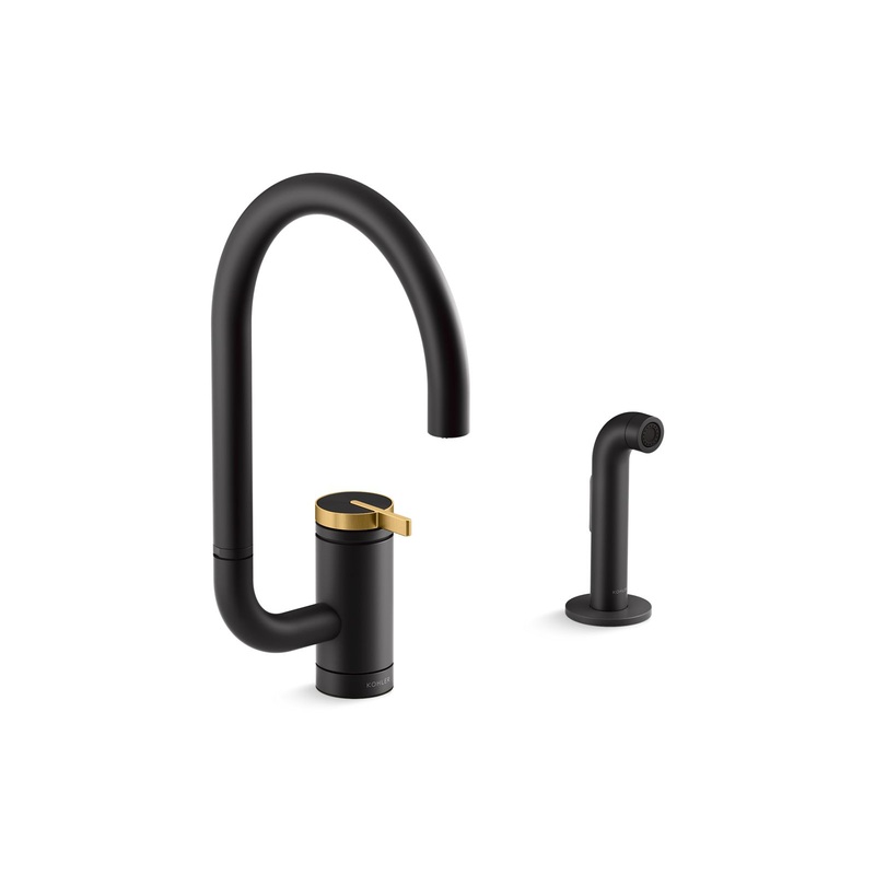 KOHLER K-28272-BMB Components Single-Handle Kitchen Sink Faucet With Two-Function Extended-Reach Spout And Side Sprayer - Matte Black with Moderne Brass