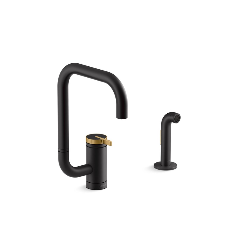 KOHLER K-28274-BMB Components Single-Handle Kitchen Sink Faucet With Two-Function Extended-Reach Spout And Side Sprayer - Matte Black with Moderne Brass