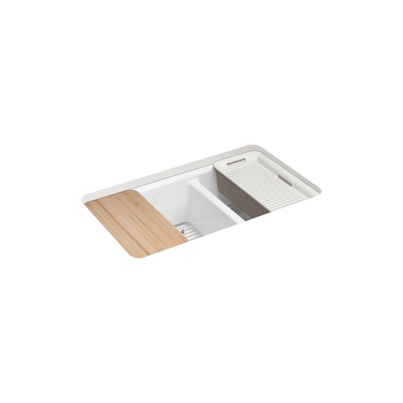 KOHLER K-8669-5UPC-0 Riverby 33" Undermount Double-Bowl Workstation Kitchen Sink - White