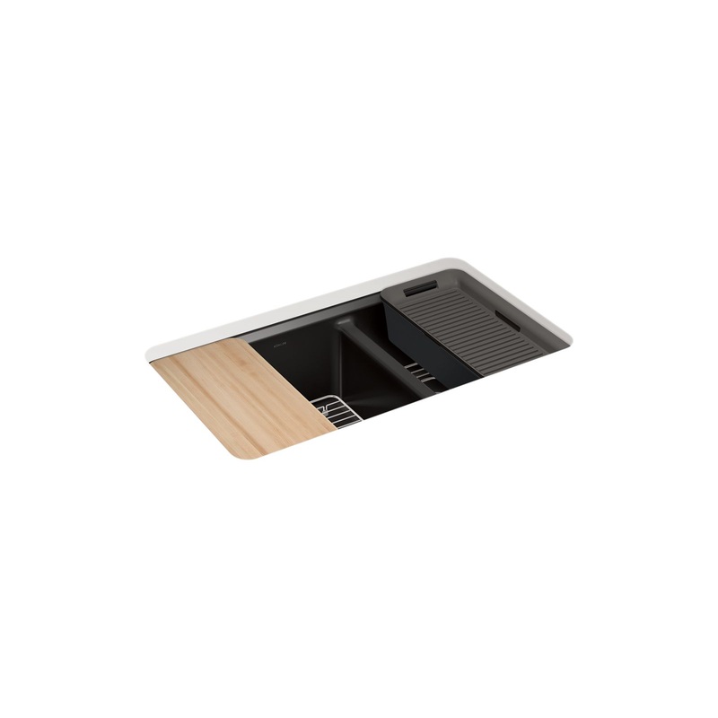 KOHLER K-8669-5UPC-7 Riverby 33" Undermount Double-Bowl Workstation Kitchen Sink - Black Black