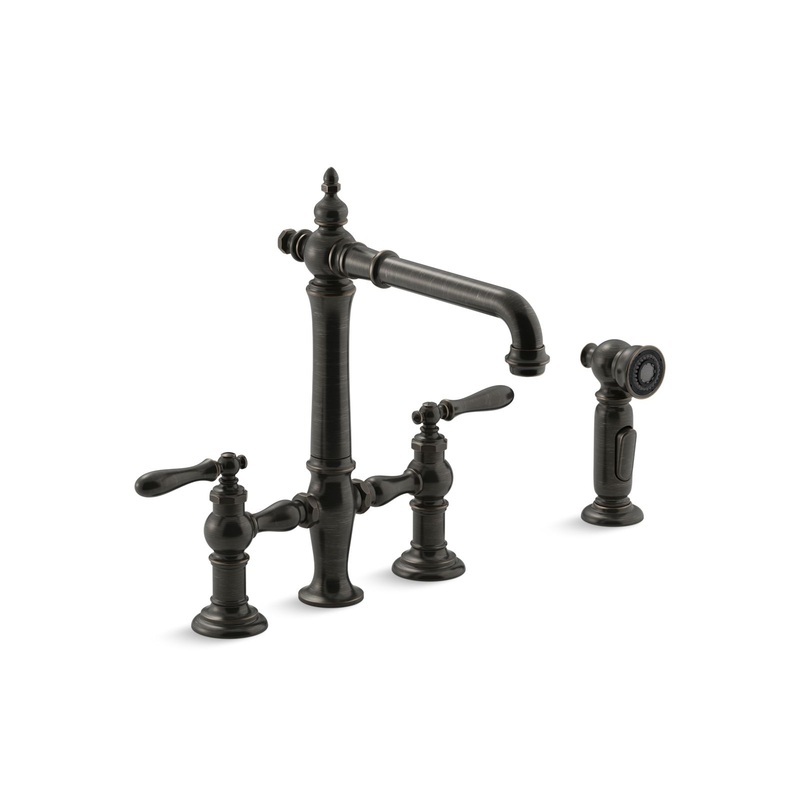 KOHLER K-76519-4-2BZ Artifacts Two-Hole Bridge Kitchen Sink Faucet With Side Sprayer In Oil-Rubbed Bronze