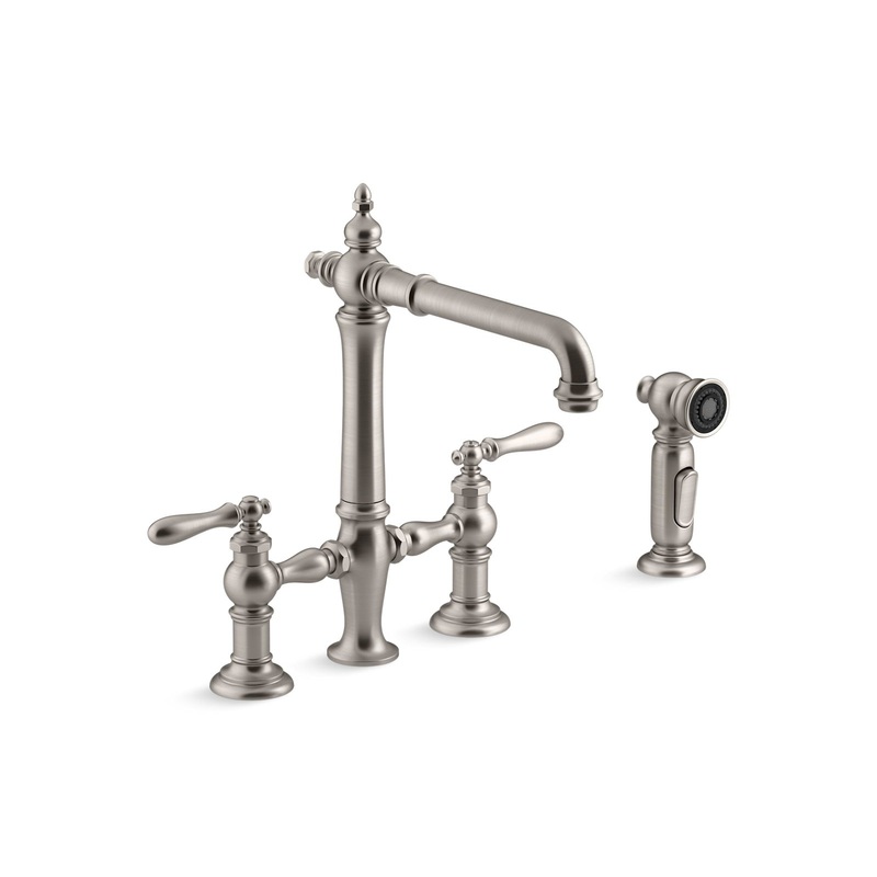 KOHLER K-76519-4-VS Artifacts Two-Hole Bridge Kitchen Sink Faucet With Side Sprayer In Vibrant Stainless