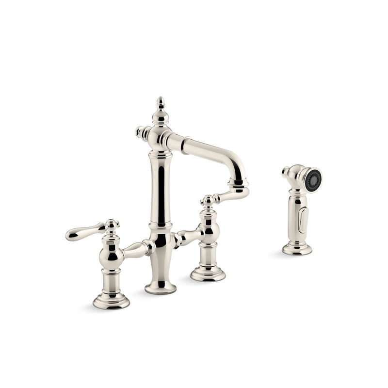 KOHLER K-76520-4-SN Artifacts Two-Hole Bridge Bar Sink Faucet With Side Sprayer In Vibrant Polished Nickel