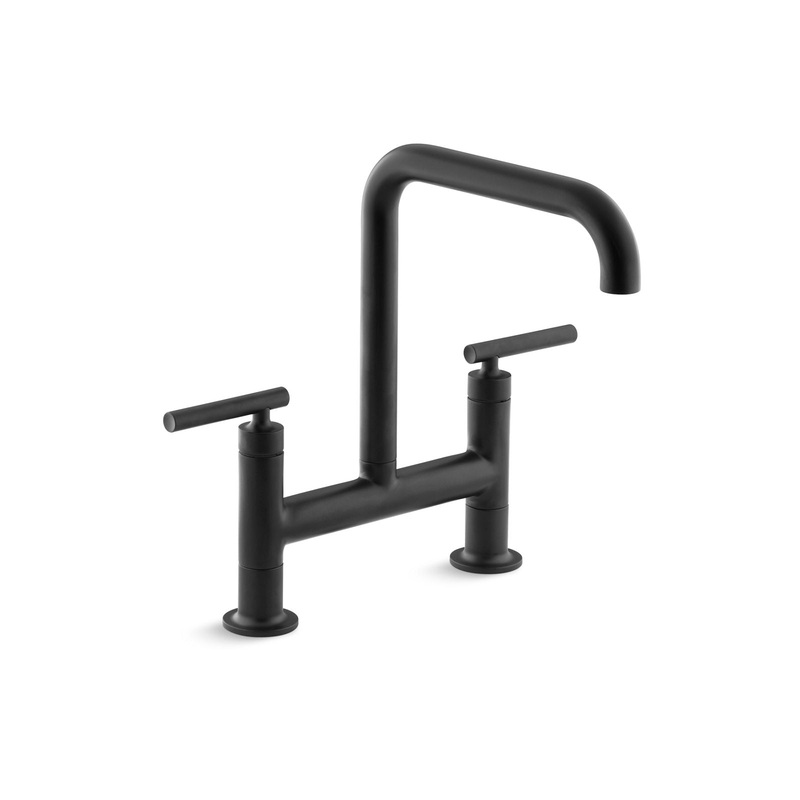 KOHLER K-7547-4-BL Purist Two-Hole Bridge Kitchen Sink Faucet In Matte Black