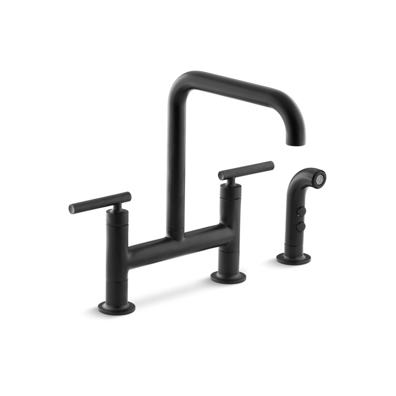 KOHLER K-7548-4-BL Purist Two-Hole Bridge Kitchen Sink Faucet With Side Sprayer In Matte Black