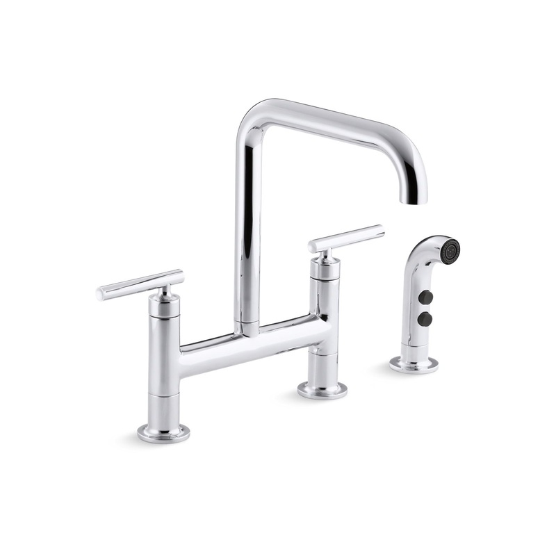KOHLER K-7548-4-CP Purist Two-Hole Bridge Kitchen Sink Faucet With Side Sprayer In Polished Chrome