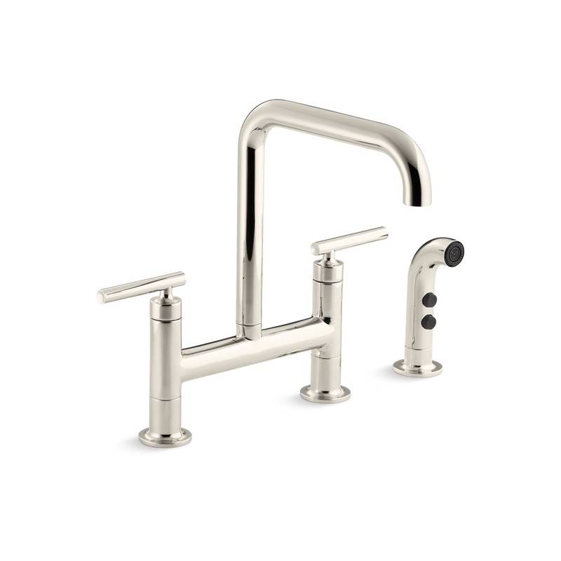 KOHLER K-7548-4-SN Purist Two-Hole Bridge Kitchen Sink Faucet With Side Sprayer In Vibrant Polished Nickel