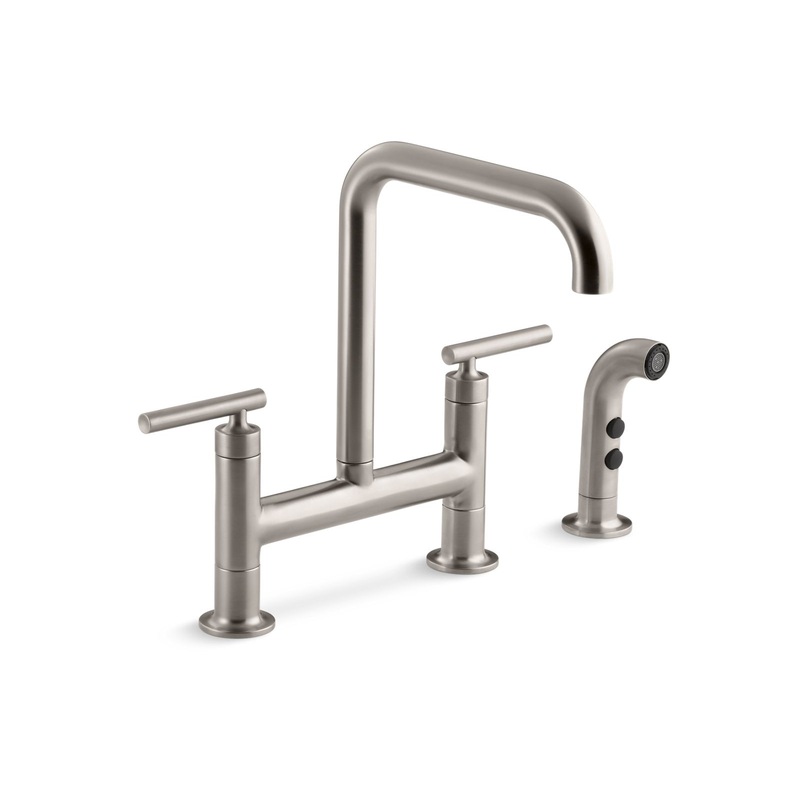 KOHLER K-7548-4-VS Purist Two-Hole Bridge Kitchen Sink Faucet With Side Sprayer In Vibrant Stainless