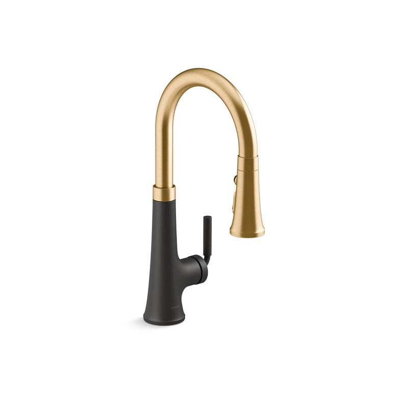 KOHLER K-23764-BMB Tone Pull-Down Kitchen Sink Faucet With Three-Function Sprayhead In Matte Black with Moderne Brass