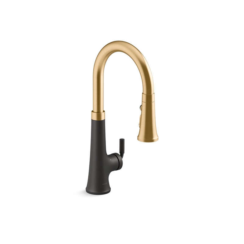 KOHLER K-23766-WB-BMB Tone Touchless Pull-Down Kitchen Sink Faucet With Kohler Konnect And Three-Function Sprayhead In Matte Black with Moderne Brass