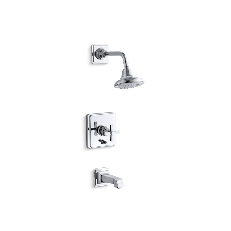 KOHLER K-T13133-3A-CP Pinstripe Pure Rite-Temp Bath And Shower Trim Kit With Push-Button Diverter And Cross Handle, 2.5 Gpm In Polished Chrome