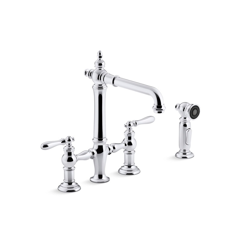 KOHLER K-76519-4-CP Artifacts Two-Hole Bridge Kitchen Sink Faucet With Side Sprayer In Polished Chrome