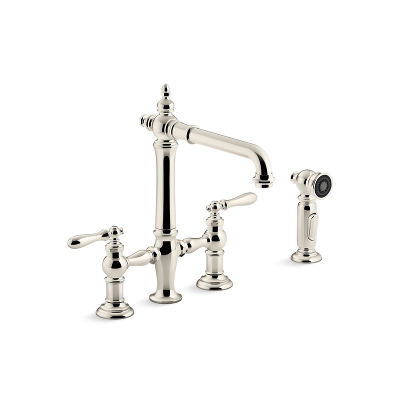 KOHLER K-76519-4-SN Artifacts Two-Hole Bridge Kitchen Sink Faucet With Side Sprayer In Vibrant Polished Nickel