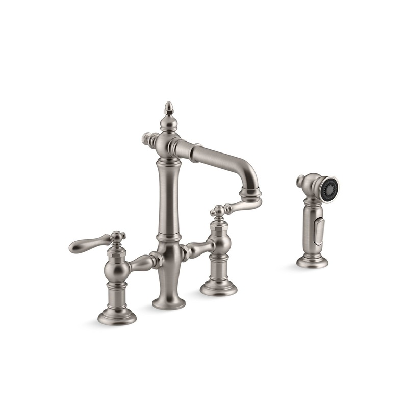KOHLER K-76520-4-VS Artifacts Two-Hole Bridge Bar Sink Faucet With Side Sprayer In Vibrant Stainless