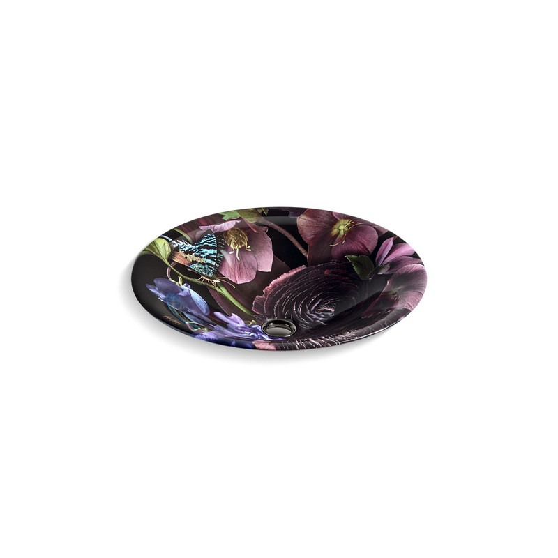 KOHLER K-30333-DM2-0 Dutchmaster Midnight Floral Carillon 17-3/4" Round Drop-In Bathroom Sink, No Overflow In Midnight Floral