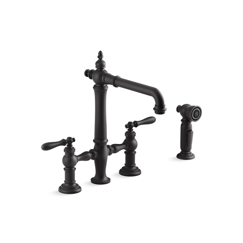 KOHLER K-76519-4-BL Artifacts Two-Hole Bridge Kitchen Sink Faucet With Side Sprayer In Matte Black