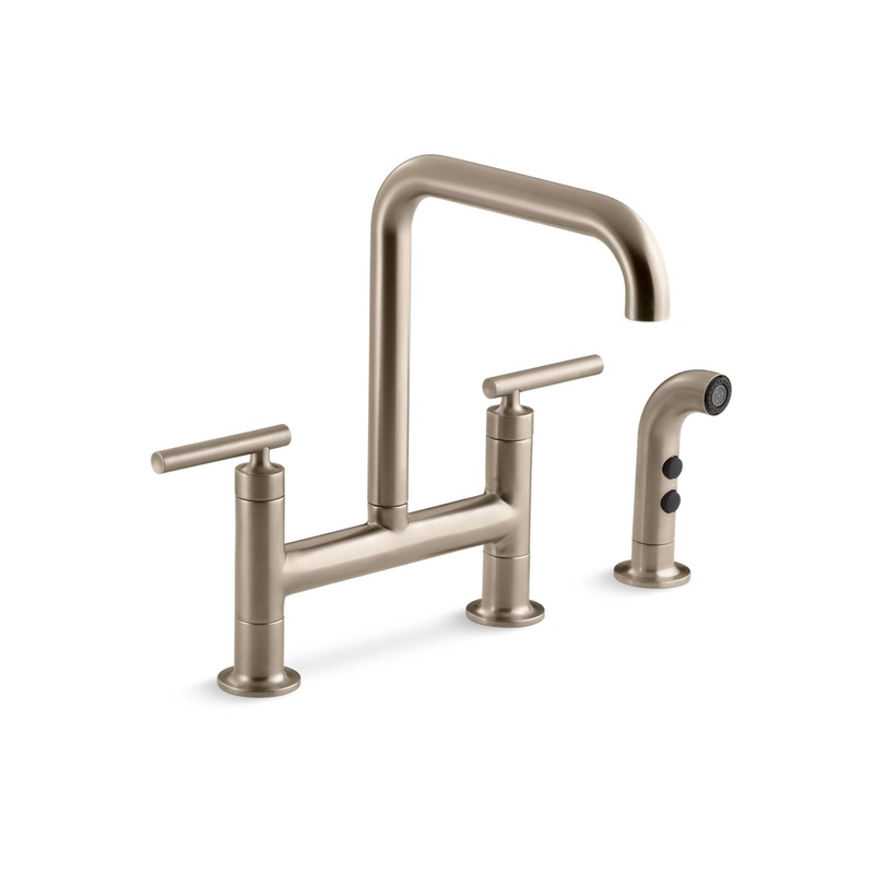 KOHLER K-7548-4-BV Purist Two-Hole Bridge Kitchen Sink Faucet With Side Sprayer In Vibrant Brushed Bronze